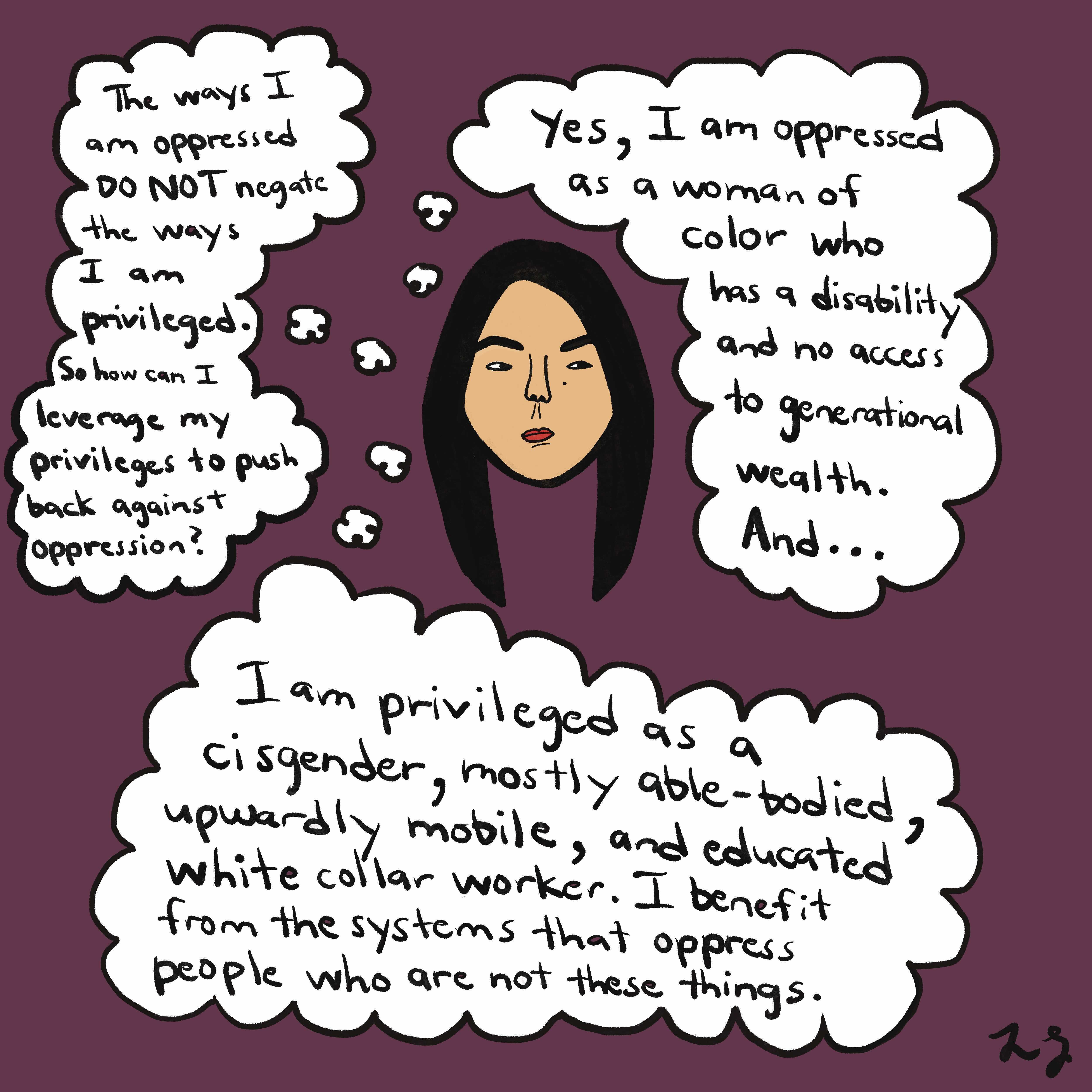 Illustration of Asian woman thinking about privilege & oppression.
