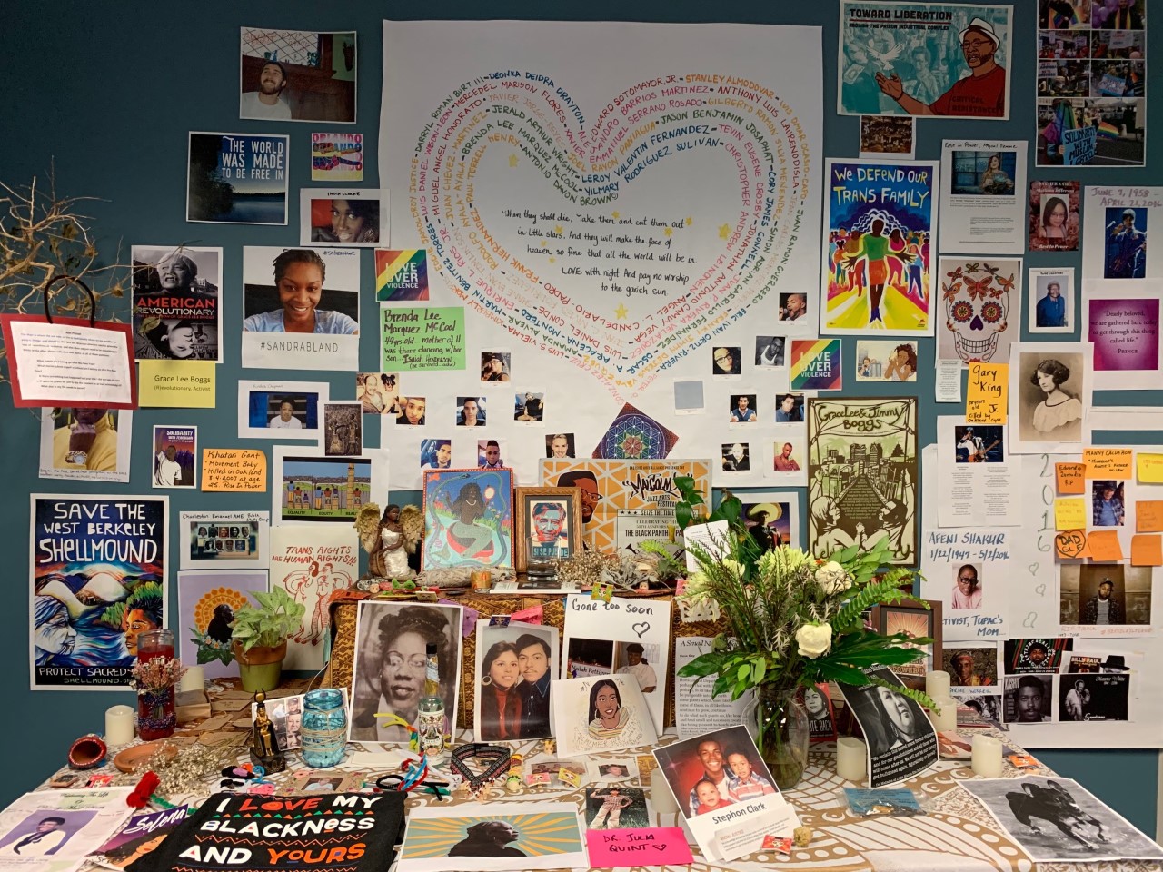 A picture of CompassPoint's community altar with images memorializing Ancestors of our movements toward justice and liberation