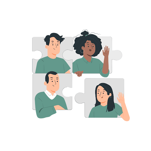 an illustration of four people framed by jigsaw puzzle pieces. three of the people are greeting the fourth person whose puzzle piece is not yet connected to the others.